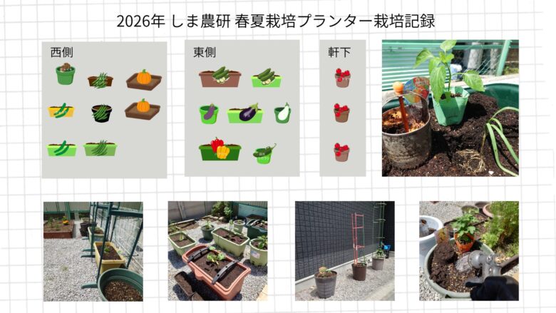 2026年春夏のプランター栽培記録。西側・東側・軒下に分けた配置図と、ミニトマトやナス、ピーマンなどを定植した直後のプランターの様子